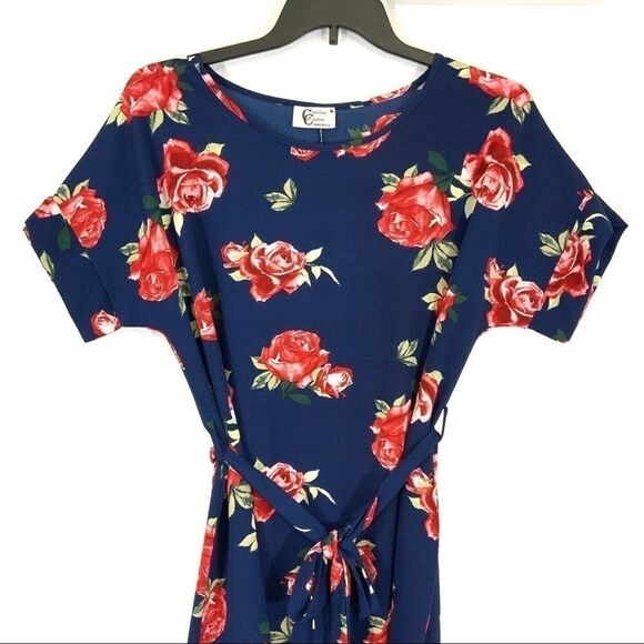 Christian Caliendo navy floral pull on dress S - Picture 2 of 5